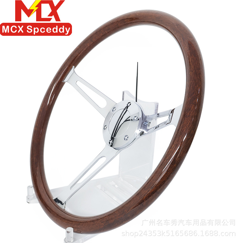 Cross-border modification 15inch peach wood color retro steering wheel 380mm universal concave electroplated bracket with a hole spacing of 70mm