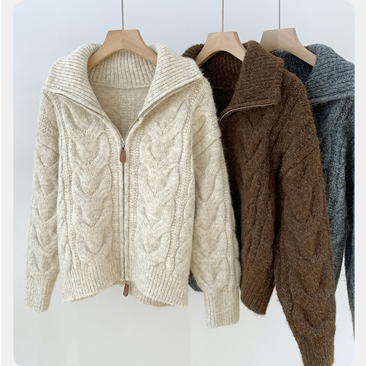 Korean Style Double Zipper Hemp Pattern Sweater Jacket for Women 2025 Winter Design Lapel Thickeneded Long-Sleeved Knitted Cardigan