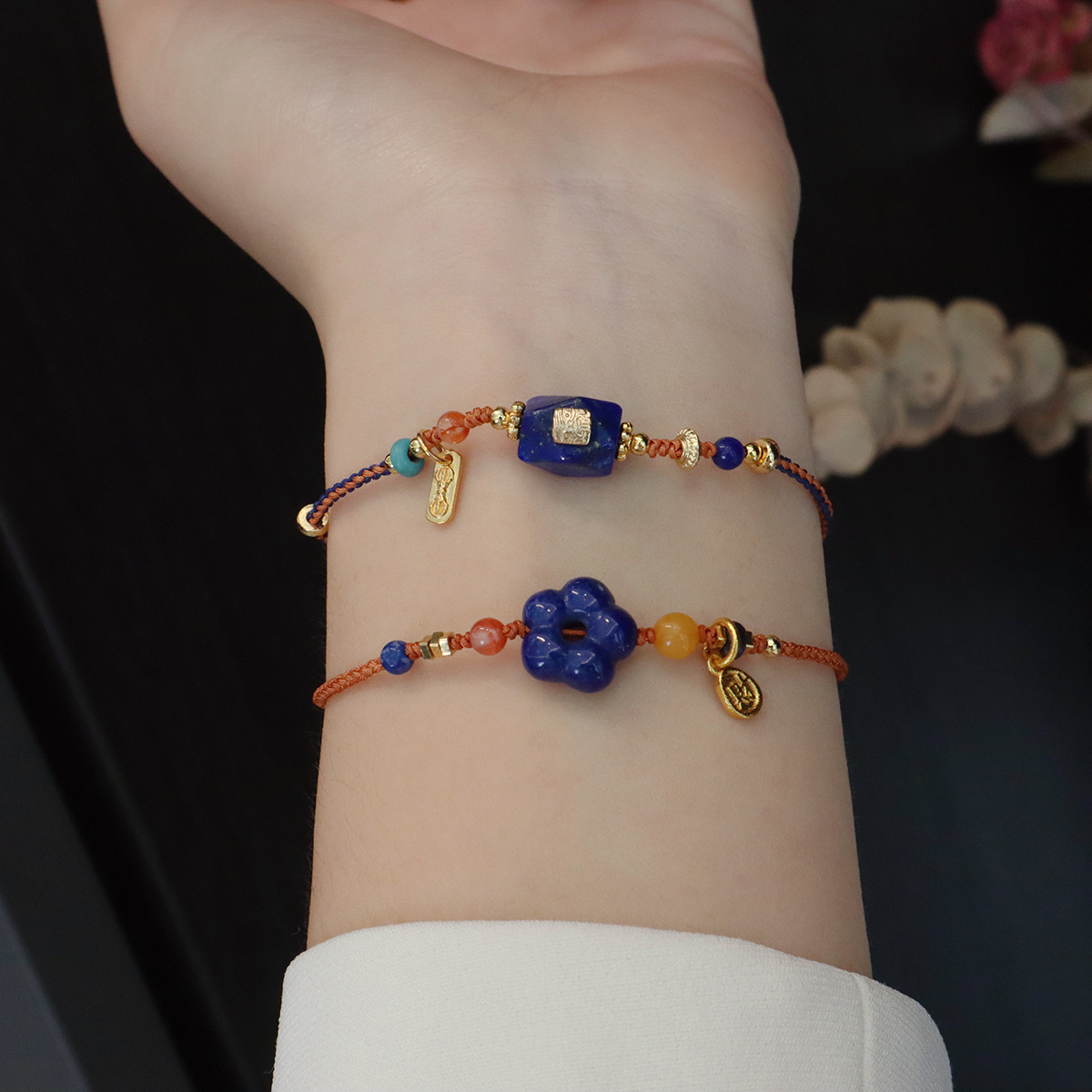 Natural Lapis Lazuli Wealth-Bringing Handmade Woven Bracelet for Men and Women, Vintage God of Wealth Original Design Hand Jewelry Wholesale