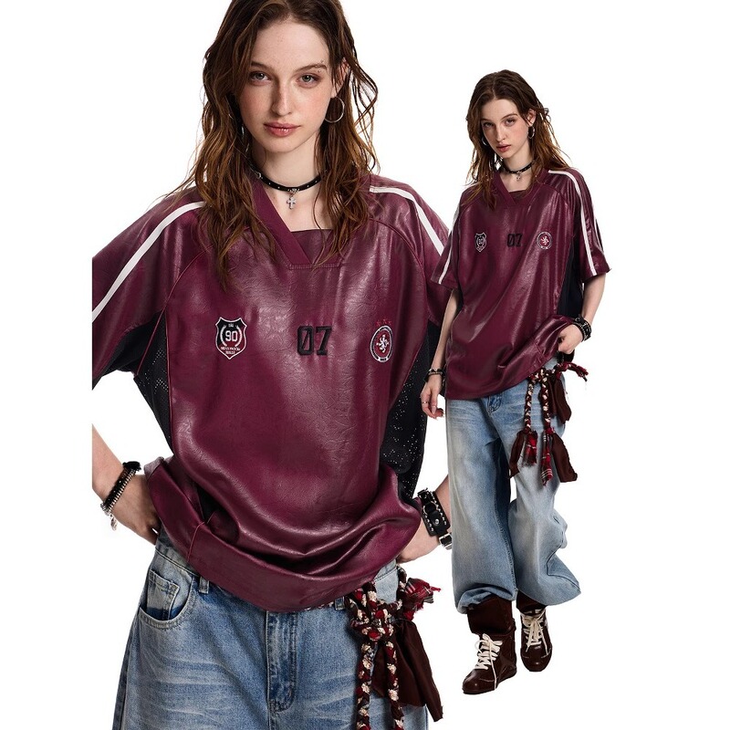 Cross-Border American Retro Sports Short-Sleeved T-Shirts for Men and Women, Loose and Breathable Summer Pu Leather Splicing Hip-Hop Couple Tops