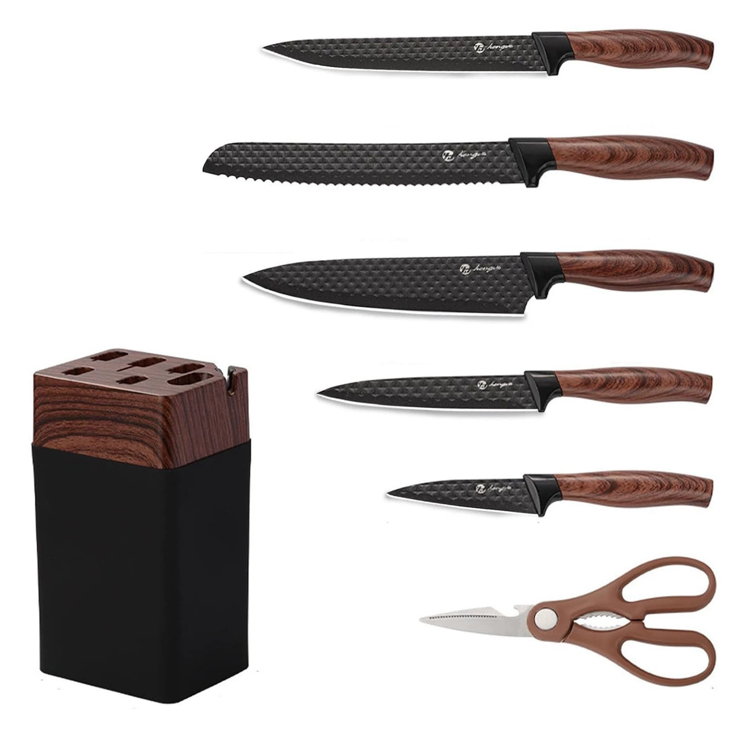 Cuchillo de cocina de acero inoxidable transfronterizo recubierto de madera cuchillo de cocina doméstico de siete piezas conjunto de cuchillos de verduras antiadherentes