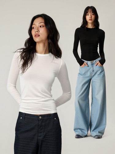 Jiezhan Women's Dress| Tense wool round-neck top, 26 spring new product, casual waist waist, slimming base shirt, long-sleeved T-shirt