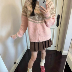 粉色费尔岛蝴蝶结提花圆领毛衣女秋冬韩系宽松慵懒风针织开衫外套