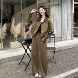 复古咖色工装套装女撞色翻领短外套高腰阔腿裤洋气休闲两件套