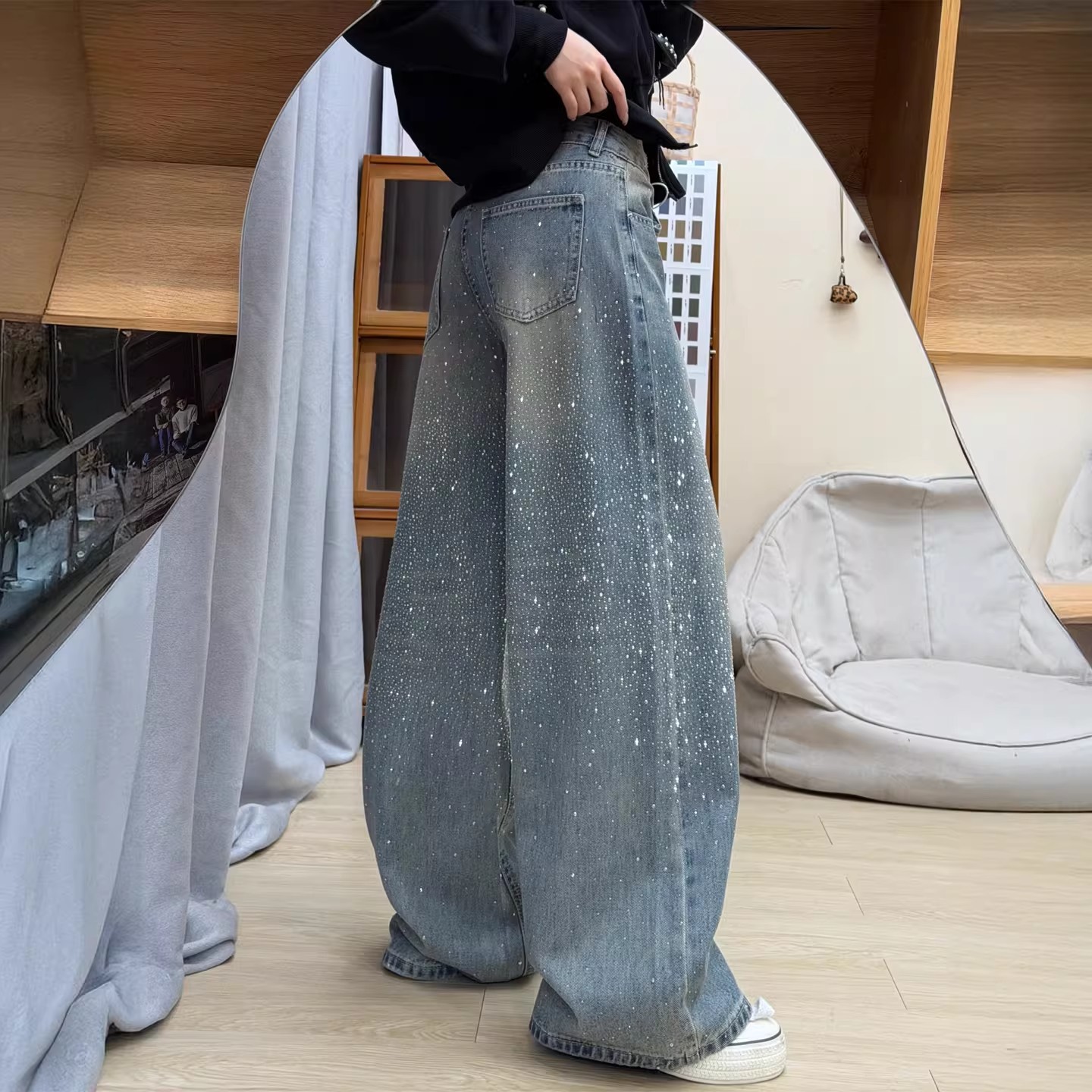 高腰阔腿流光碎钻爆闪阔腿牛仔裤女2026年春秋高腰慵懒堆堆长裤
