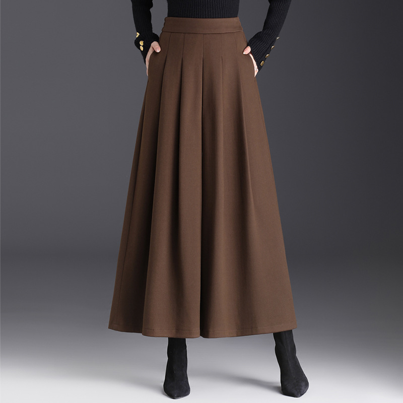 CULOTTES 여성의 가을과 겨울 두꺼운 모직 넓은 다리 바지 자른 높은 허리 슬리밍 느슨한 주름 서양식 발 캐주얼 바지
