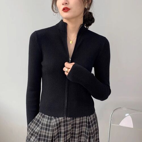 Short zipper stand-neck retro French casual lazy sweater coat Small figure slim-fitting knitted cardigan