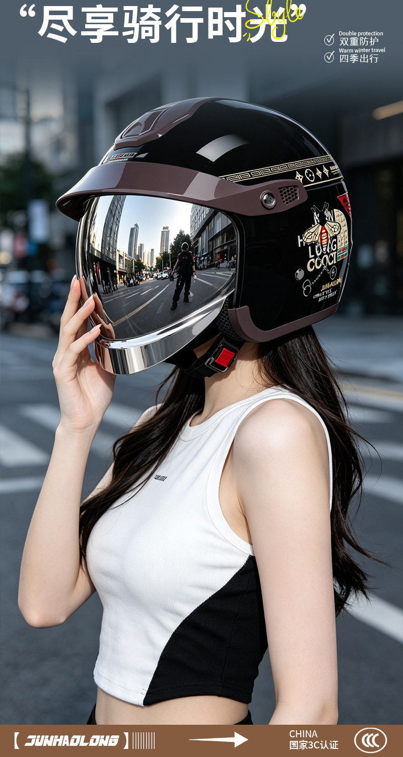 Junhao Long 2026 new model, new national standard 3C electric scooter/motorcycle helmet, autumn/winter warm and waterproof, with silver-coated visor