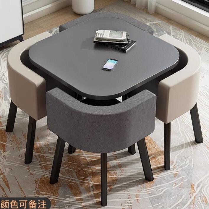 80CM 회색 사각형 테이블 + 회색 2개 및 밝은 회색 가죽 의자 2개