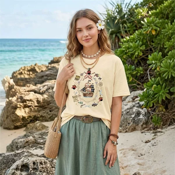 Amazon Pirate Night Cruise European and American Fashion Women's T-Shirt Loose Slimming Versatile Top