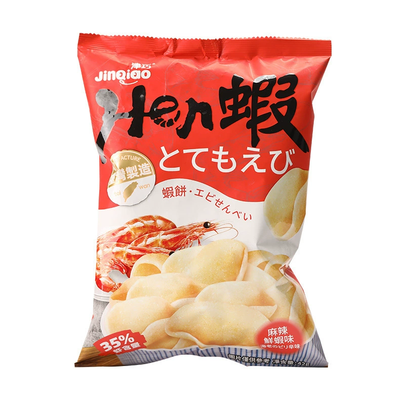 Креветочные снеки (Jinqiao), 55г–42г, пышные крекеры с 35% креветочного мяса, разные вкусы