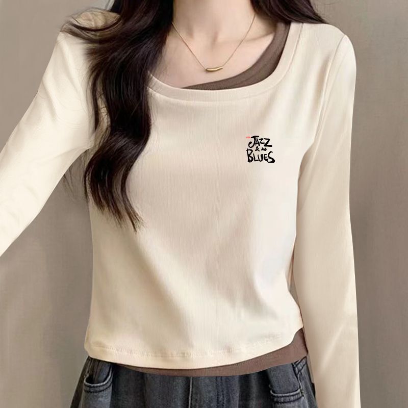 Small Cotton Long-sleeved T-shirt Women's Shoulder High Waist Spring and Autumn Top Square Collar Fake Two-piece All-match Fashionable Top for Women