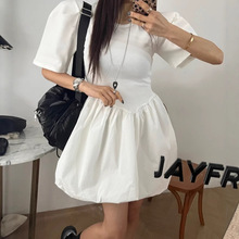 韩国chic 2025夏日新品韩系百搭小众收腰显瘦时尚泡泡裙女连衣裙