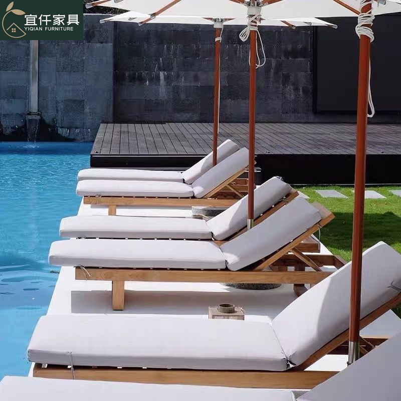 Outdoor lying bed teak villa outdoor swimming pool leisure lounge chair hotel resort open-air solid wood beach chair with