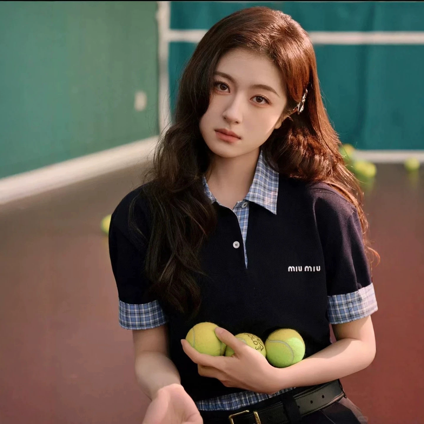 miumiu李兰迪同款珠地棉制格纹拼接撞色假两件男女同款polo衫短袖