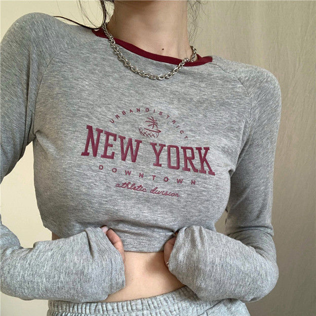 High Waist Short Navel-exposed Long-sleeved Grey T-shirt Women's Autumn Tight-fitting Contrast Color Stitching Base Shirt Internet Celebrity Top Ins Repair High Waist Short Navel-exposed Long-sleeved Grey T-shirt Women's Autumn Tight-fitting Contrast Color Stitching Base Shirt Internet Celebrity Top Ins Repair