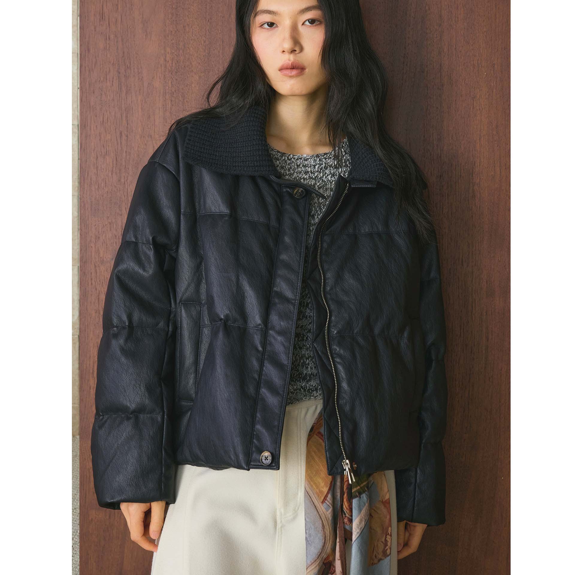 卢浮冬季新款韩版时髦翻领拼接PU皮90白鸭绒羽绒服舒适保暖外套女