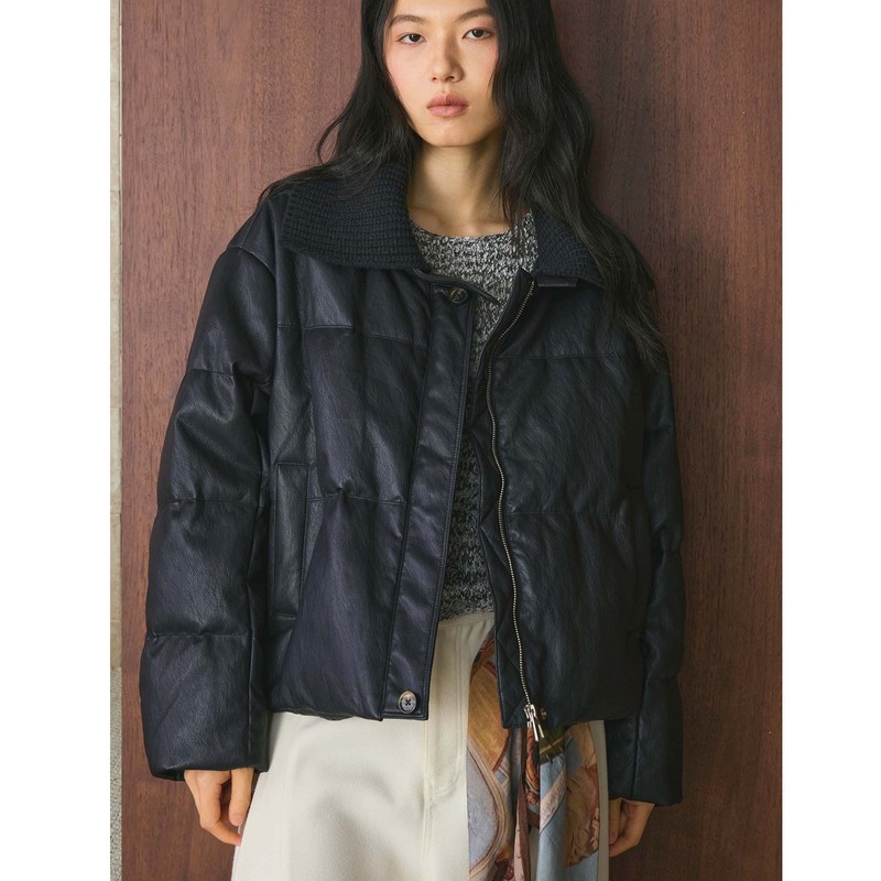 Louvre Winter New Korean Style Fashionable Lapel Stitching Pu Leather 90 White Duck down Jacket Comfortable Warm Jacket for Women