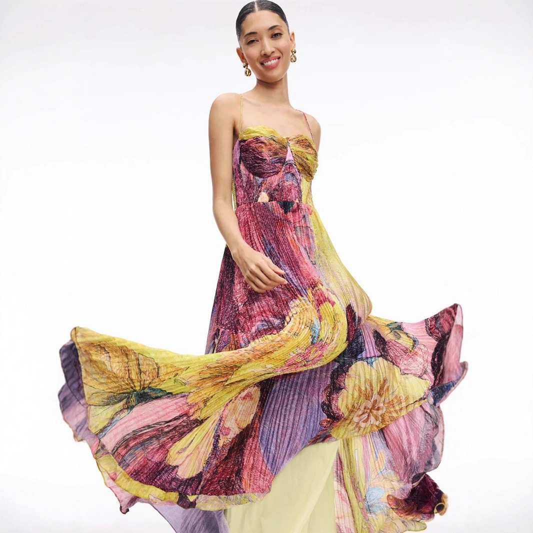 Cross-Border Amazon European and American New Women's Clothing Waist Evening Dress Flower Print Pleated Tube Top Suspender Dress