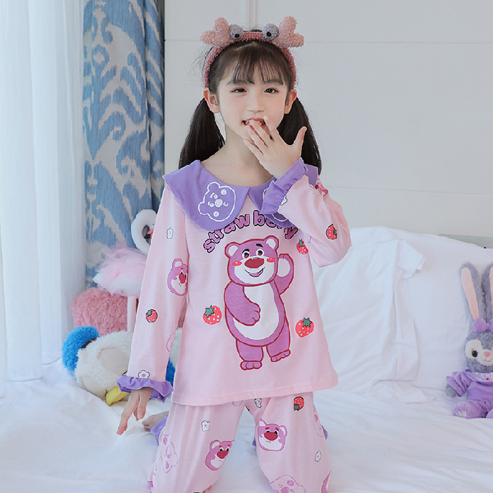 15 años de edad nueva primavera y otoño de los niños pijamas de manga larga de las mujeres lindo princesa muñeca collar de las mujeres mayores de algodón peinado desgaste del hogar de los niños