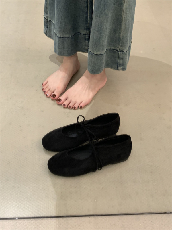 圆头绑带绒面平底芭蕾浅口软底久站通勤小单鞋新款玛丽珍瓢鞋|undefined