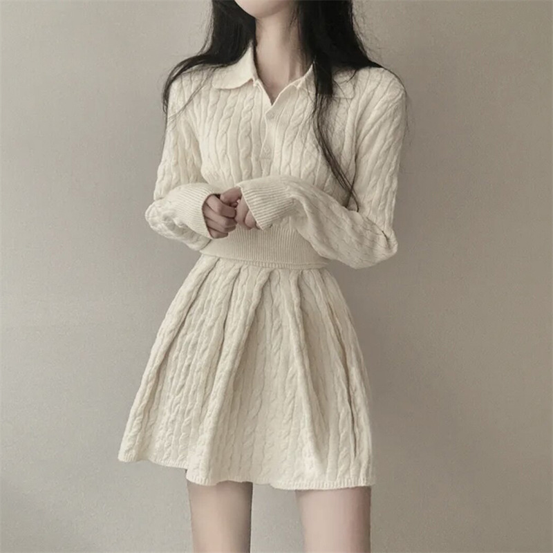 Korean-Style Retro Twist-Pattern Age-Reducing Lapel Buttoned Sweater Women's Two-Piece Set Autumn and Winter New Elastic Waist Short Skirt Set for Women