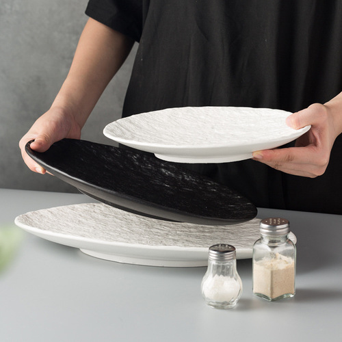 Restaurant hotel Japanese rock texture oval fish plate large household braised steamed fish plate light luxury western food plate tableware