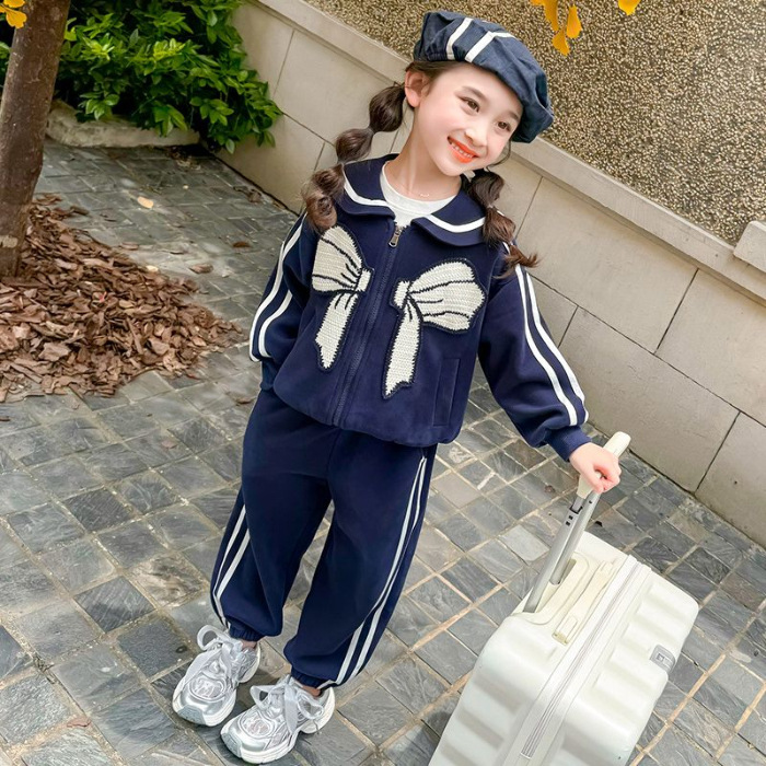 Traje casual de lazo de estilo azul marino para niñas 2024 otoño nuevo estilo para niños chaqueta de bebé de primavera y otoño coreana de dos piezas