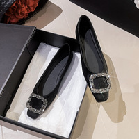 2024 New Square Button Water Diamond Single Shoes Women's Shallow Mouth Square Head Flat Shoes