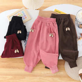 儿童卫裤春秋款女童2024新款卡通爱心刺绣宽松休闲运动裤学生长裤