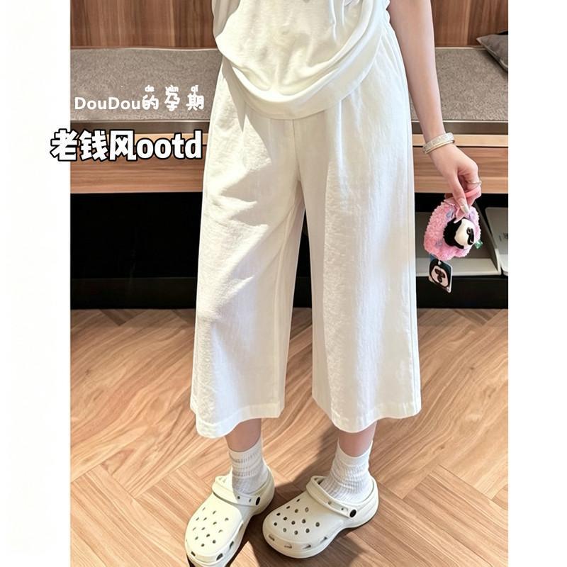 Maternity Pants with Two Wearing Styles, Fold-Over Waistband, Loose Fit, White, Plus Size, Casual Wide-Leg Pants for Petite Sizes Maternity Pants with Two Wearing Styles, Fold-Over Waistband, Loose Fit, White, Plus Size, Casual Wide-Leg Pants for Petite Sizes