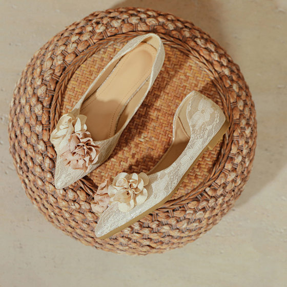 Lace version ~ evening fairy style shoes with skirt French beautiful pointed shallow mouth summer flower shoes for women