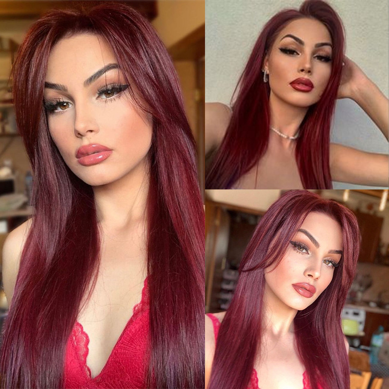 European and American Cross-border Wig Women's High Temperature Silk Long Straight Hair Front Lace Black 99j African Wig Women's Long Straight Hair Headgear