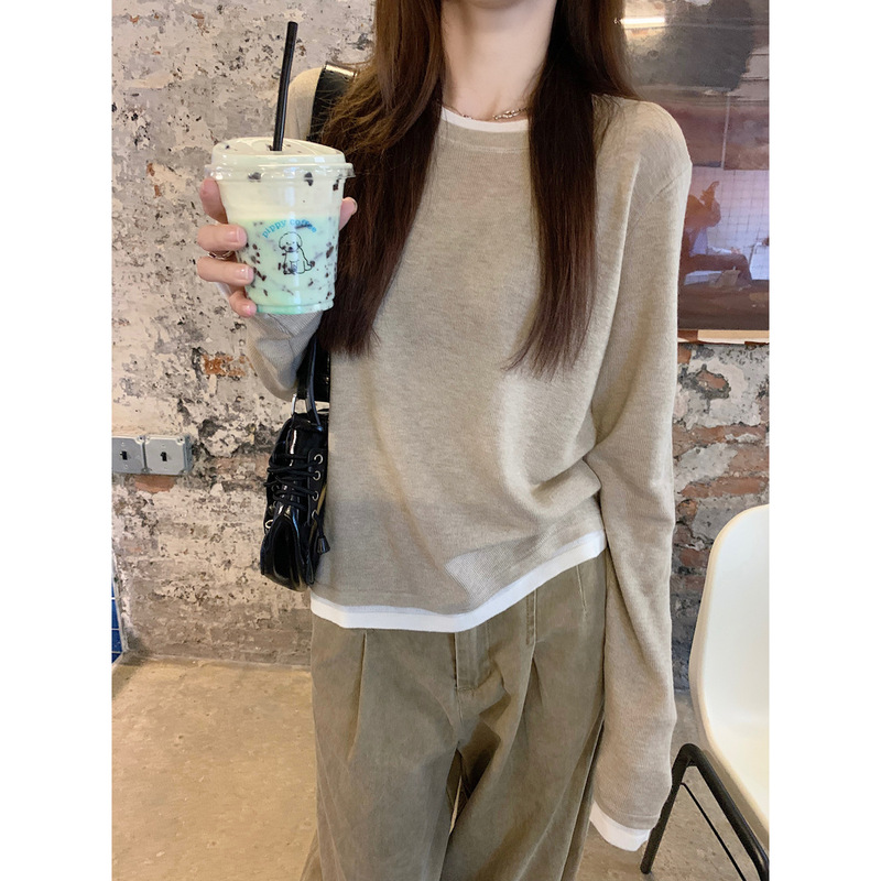 实拍秋季新款韩版撞色圆领假两件宽松休闲针织衫长袖上衣女87660|undefined