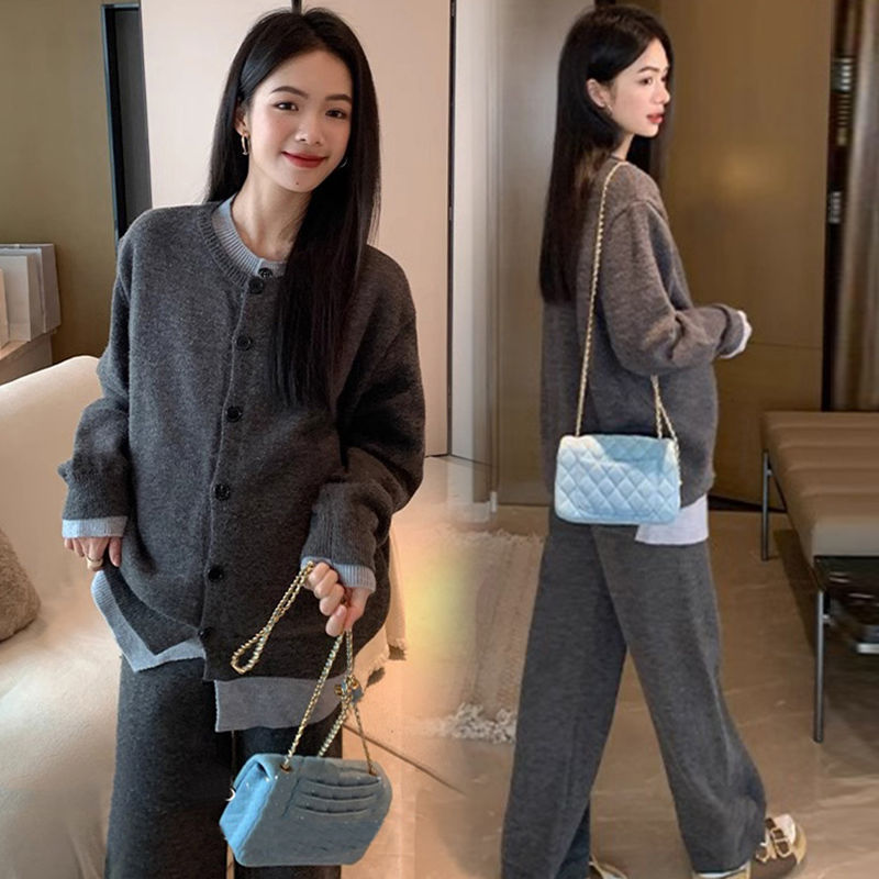 孕妇套装秋冬装外穿时尚慵懒风针织毛衣上衣阔腿裤两件套秋冬季女|undefined