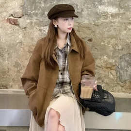 原版做法美式麂皮绒翻领外套女秋冬宽松时尚加厚棕色休闲夹克上衣