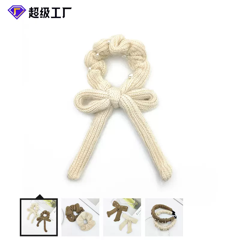 秋冬韩版手工针织发圈高级感蝴蝶结弹簧夹纯色百搭毛线水钻发箍女