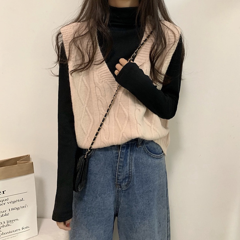 Personalizada primavera y otoño coreana gruesa camiseta de punto de cuello en V chaleco de torsión de mujer con hombros sueltos sin mangas