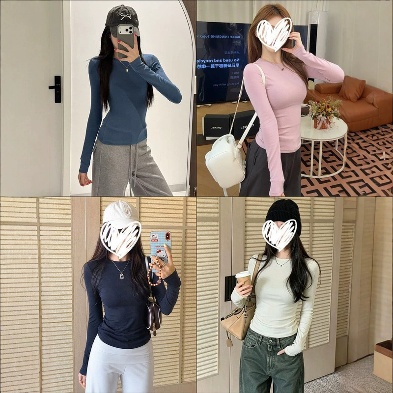 Simple basic round-neck long-sleeve T-shirt for women, autumn slim-fit versatile top, slimming inner layer Simple basic round-neck long-sleeve T-shirt for women, autumn slim-fit versatile top, slimming inner layer