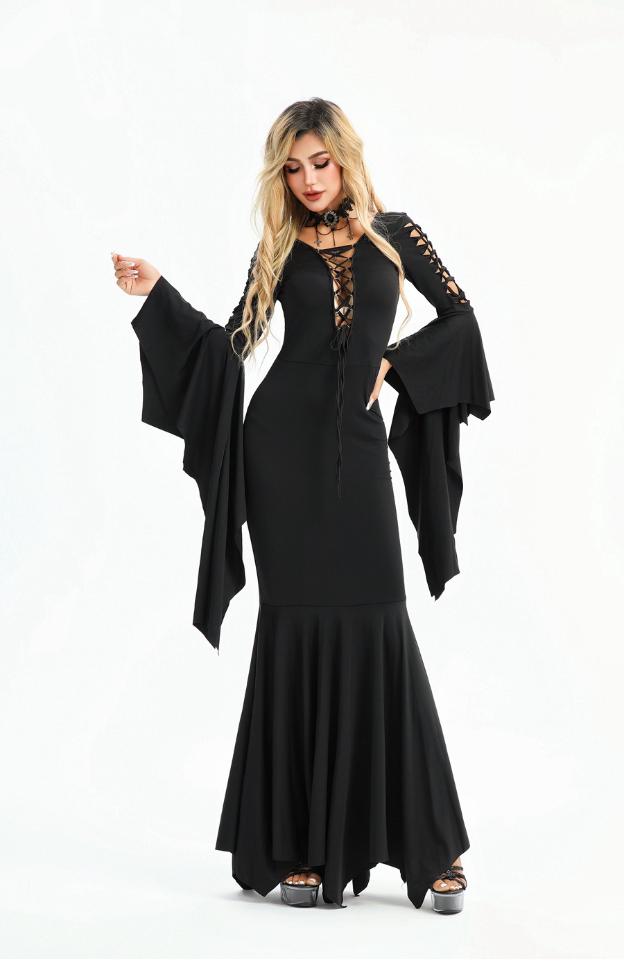 Gothic Vampire Bat Halloween Dress Medieval Witch Retro Costume_voghion.com