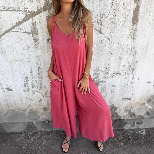 Amazon Women's Solid Color Jumpsuit 2025 Summer Cotton-Linen Loose Casual Romper with Pockets