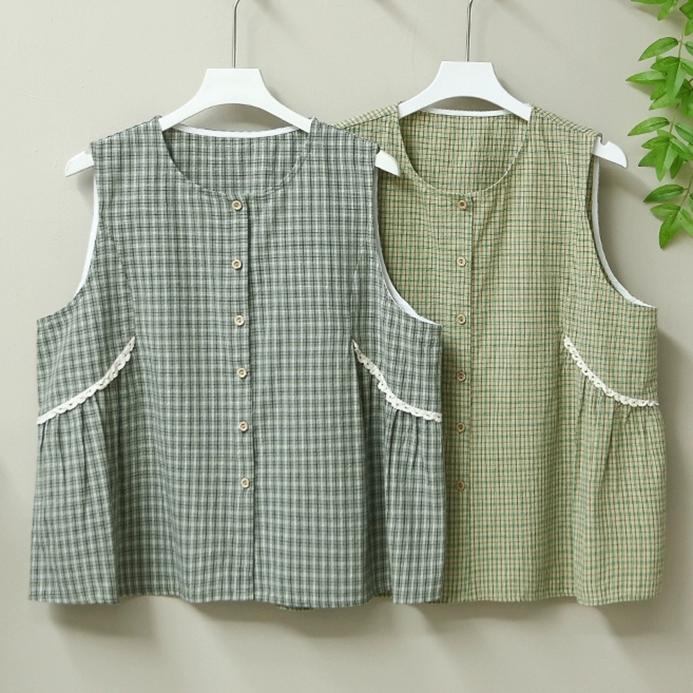 2025 Summer New Japanese Style Fresh Sweet Round Neck Lace Plaid Loose Vest Women Versatile