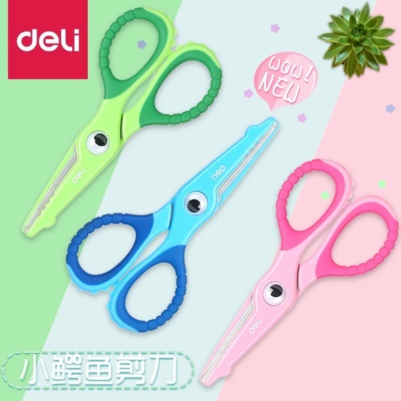 Deli 6071 handmade primary school student safety scissors crocodile small round head edged stainless steel paper scissors portable home