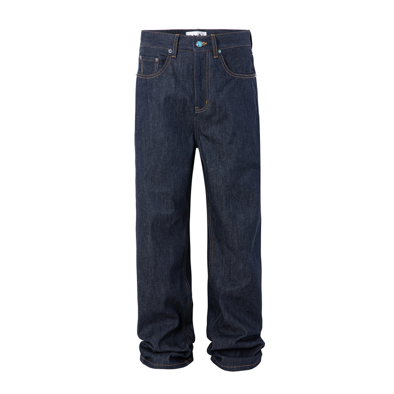 2025 New American Retro Blue Raw Denim Loose Straight A-Line Gemstone Studded Denim Pants Trendy