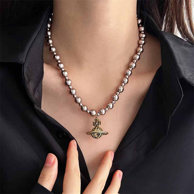 香槟金珍珠西太后土星项链女款立体镂空星球吊坠项链时尚百搭项饰|undefined