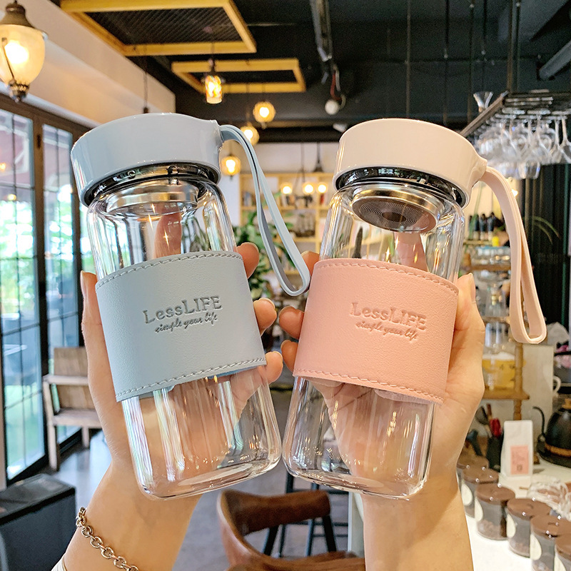 Korean-style fresh and heat-resistant glass cup with handle, portable tea separator, flower tea cup for women and men, business simple water cup