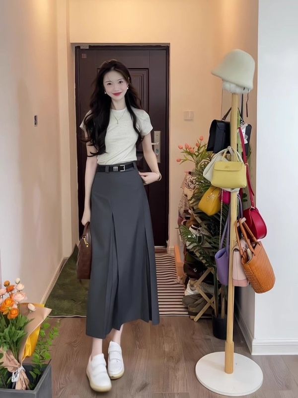灰色西装百褶半身裙女高腰遮胯长裙子2025新款洋气显瘦气质A字裙|undefined