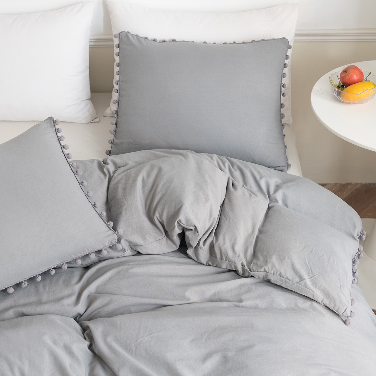 Bedding and home textile three piece set, solid color washed cotton hanging ball style duvet cover set_voghion.com