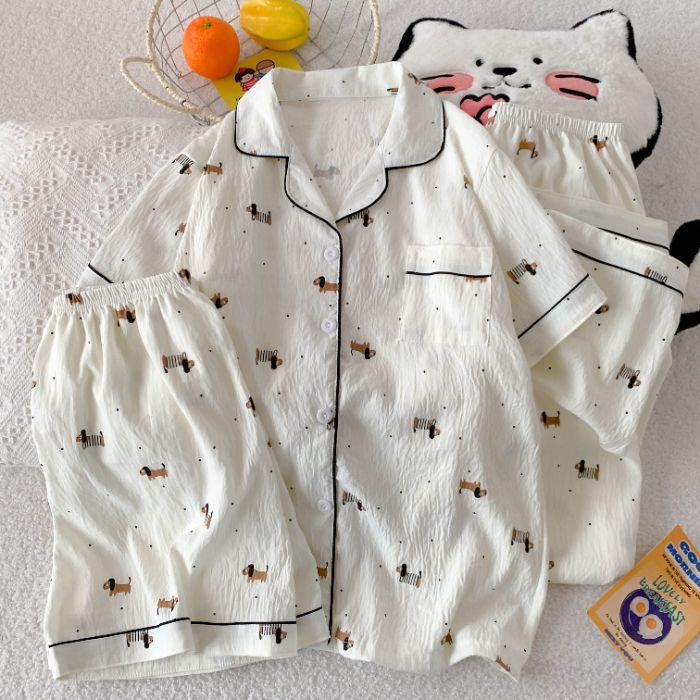 Verano transfronterizo nuevo estilo cómodo nube de algodón de tres piezas solapa pantalones cortos de manga corta pantalones ropa a domicilio traje de pijama de mujer