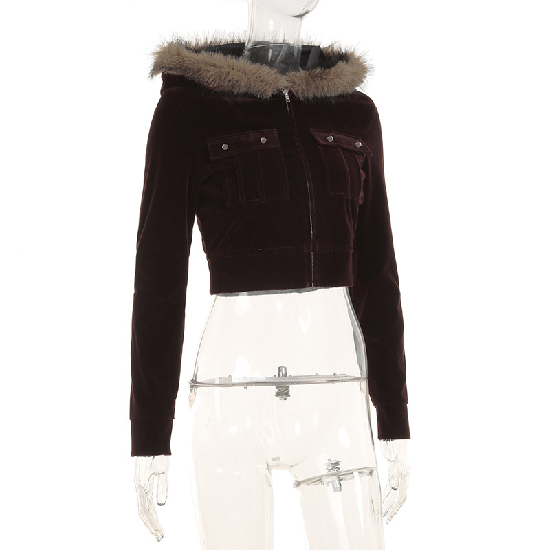 Women Fur Stitching Hooded Zip Cardigan Pocket Design Jacket Autumn Winter Solid Color Sexy Velvet Coat